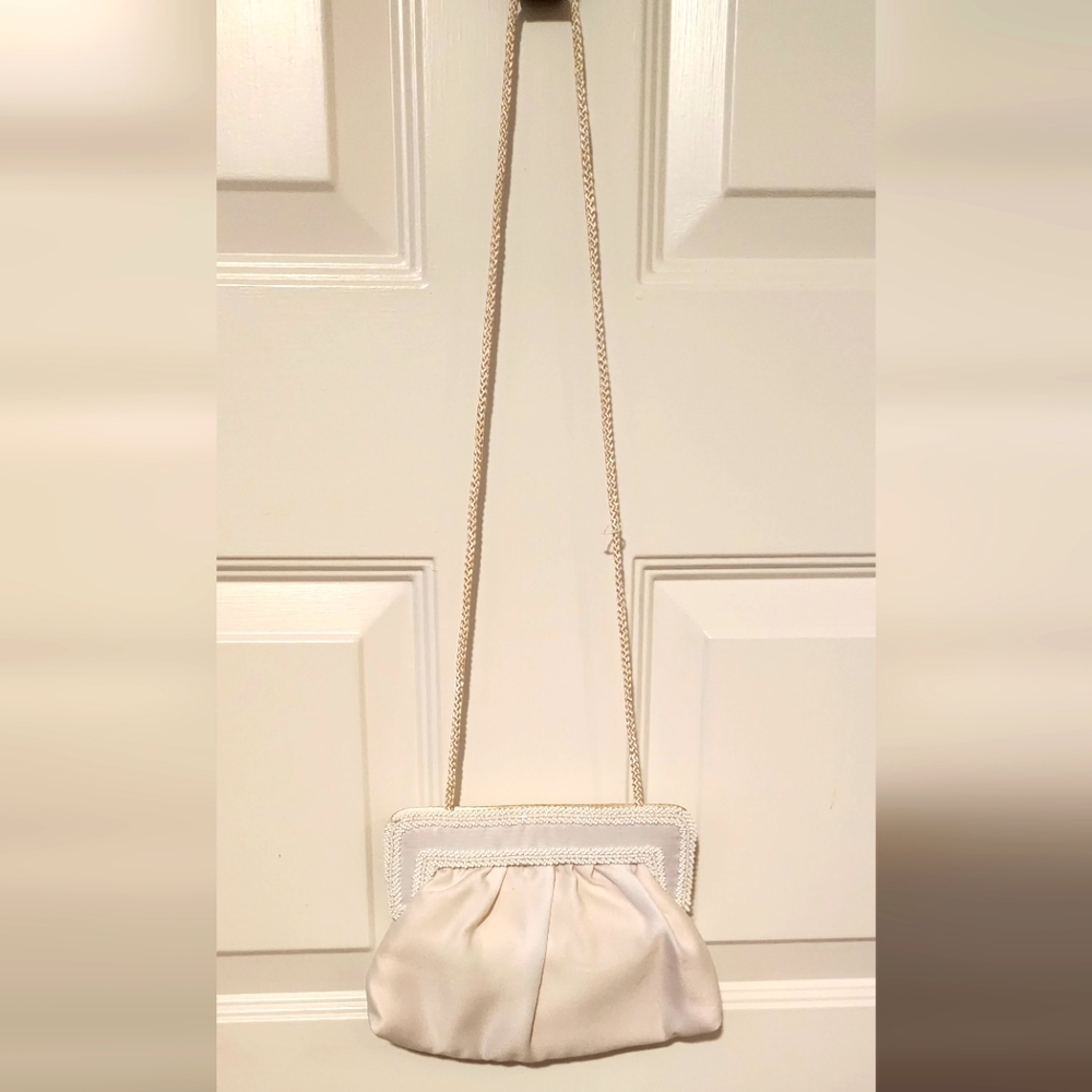 VINTAGE Walborg Satin Beaded Purse Handmade in Hong Kong Late 1980s White